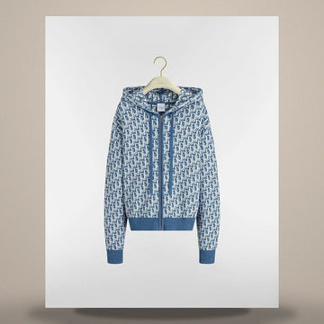 Dior Hooded Zip Cardigan Blue Sponge-Effect Oblique Cotton Blend Jacquard 158713666 [P]