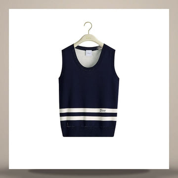 Dior Fitted Sweater Vest Navy Blue & White Stripe Wool Blend Jacquard 158713673 [P]