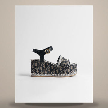 DIOR Dantelle Wedge-Heel Sandals Blau Oblique Stickerei Baumwolle & Weiße Spitze 158728732 [P]