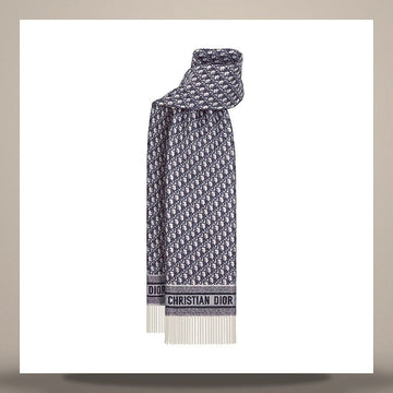 Dior Oblique Scarf Ecru & Navy Blue Cashmere 158730687 [P]