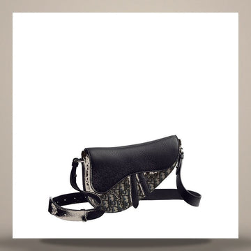 DIOR Saddle Bag aus schwarzem gegranntem Torion-Leder, Beige & schwarzem Oblique Jacquard 158730830 [P]