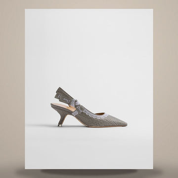Dior Slingback Pumps Trianon Gray Oblique Embroidered Cotton & White Lace 158730909 [P]