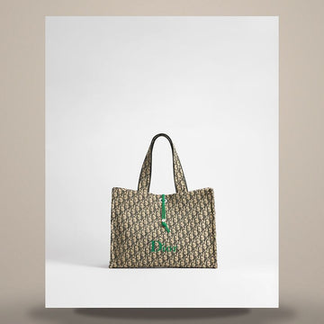 Dior Riviera Sponge-Effect Book Tote Bag Large Beige & Black Sponge-Effect Oblique Fabric 158731040 [P]
