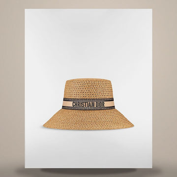 DIOR D-Bobby Breiter Hut Beige & Schwarzes gesticktes Band, Stroh 34DBP924G153_C160 158733298 [P]