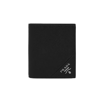 Prada Wallet Saffiano Silver Logo Compact Wallet Black 33939267 [P]