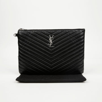 SAINT LAURENT Monogram New Medium Matelassé Leder Clutch Schwarz mit Silberdetails 158643007 [P]