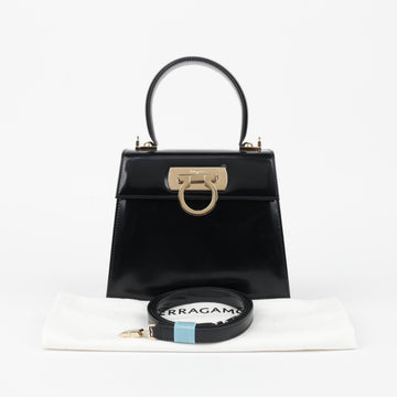 Salvatore Ferragamo Gancini Kelly Small Calf Leather Tote Shoulder Bag Black Gold 158542339 [P]