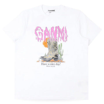 GANNI レディース ウェスタンブーツ プリント 半袖(ホワイト) A1050075 151 154764970 [P]