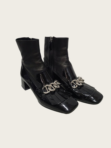 Prada Black Leather Boots with Silver Chain Decoration 158814043 [P]