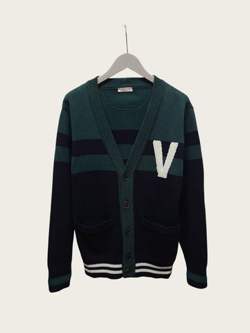 Valentino Navy Green V LOGO Embroidered Patch Cotton Cardigan 158814106 [P]