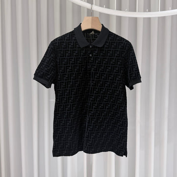 Fendi FF Monogram Logo Velvet Collared Short Sleeve T-Shirt Black 158843344 [P]