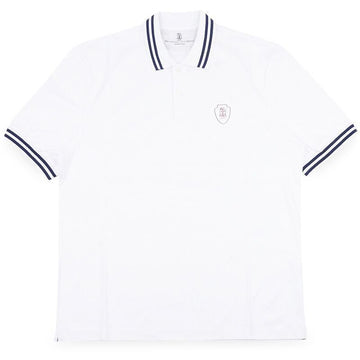 Brunello Cucinelli Men's Stripe Collar Logo Embroidered PK Short Sleeve (White) M0B133940T CUS16 153186199 [P]