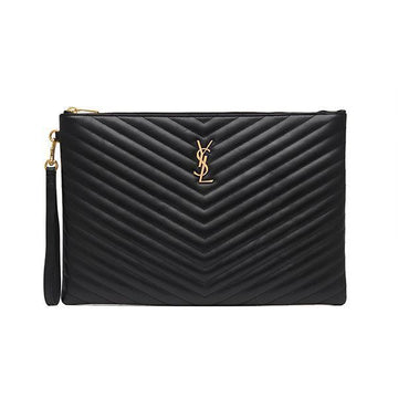 Saint Laurent Clutch 440222 CWU01 1000 Quilted Monogram Gold Large Pouch Black 38625703 [P]