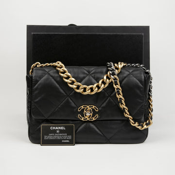 CHANEL 19 レザー ラージ ショルダーバッグ ブラック ゴールド金具 158643997 [P]
