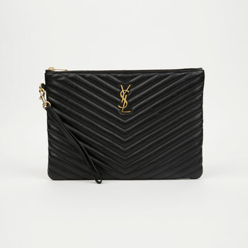 SAINT LAURENT カサンドラ マトラッセ レザー タブレット ポーチ ブラック ゴールド金具 158665143 [P]