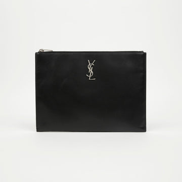 SAINT LAURENT Monogram Leder Tablet Halter Clutch Schwarz Silber 158665160 [P]