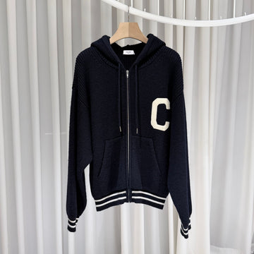Celine College Logo Wool Knit Hooded Zip-Up Navy 158964270 [P]