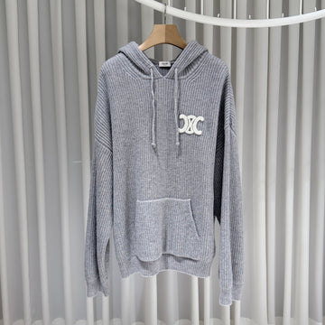 Celine Triope Wool Ribbed Knit Hoodie Gray XL 158964329 [P]