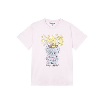 GANNI レディース ベーシック コットン ジャージー カウボーイ ベア プリント Tシャツ チョーク ピンク A1050074-868 149777536 [P]
