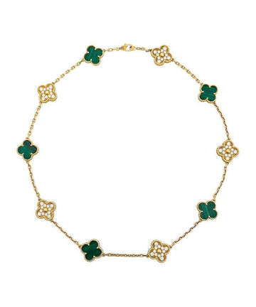 Van Cleef & Arpels 10 Motifs Alhambra Necklace 18K Yellow Gold Diamond Malachite 5ET0476 128928086 [P]
