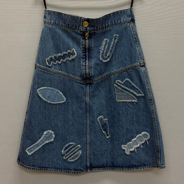 CHANEL Egyptian Embroidery Patchwork Denim Skirt (26) 159022955 [P]