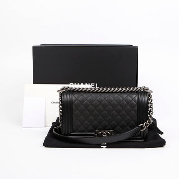 CHANEL Boy Bag Medium Caviar Flap Shoulder Bag Black Silver 158667211 [P]