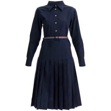 THOM BROWNE Gestreiftes Baumwollflanell Midi Faltenrock Kleid mit Gürtel 114949836 [P]