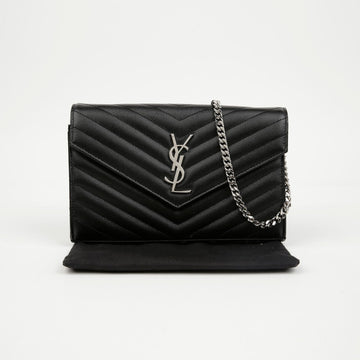 SAINT LAURENT Kassandra Matelassé Leder Flap Chain Wallet Schwarz Mit Silberverzierung 158668502 [P]