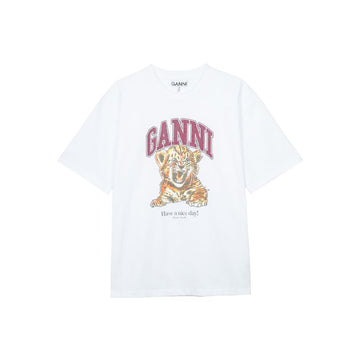 GANNI 女性ヘビコットンベビーティガー半袖Tシャツブライトホワイト A1050060-151 151204333 [P]