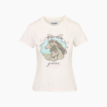 GANNI Futuristisches Babyfit T-Shirt mit Pony-Grafik in Offwhite 159076112 [P]