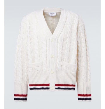 Thom Browne Baby Cable RWB Stripe V-Neck Wool Sweater MKC622B Y1005 100 152201384 [P]