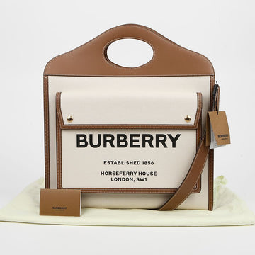BURBERRY ミディアムレザーキャンバスポケットショルダーバッグブラウンツートン 158667186 [P]