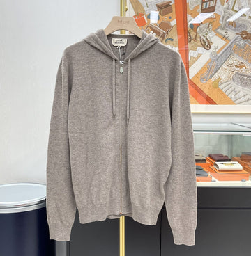 Hermes Cashmere Knit Hooded Zip Jacket Beige H667040 159091988 [P]