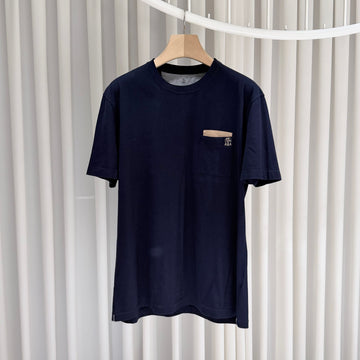 BRUNELLO CUCINELLI ロゴポケットコットンクルーネック半袖Tシャツネイビー 159101107 [P]