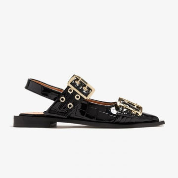 Ganni Black Croco Patent Feminine Buckle Ballerinas (S2796 099) 147805308 [P]