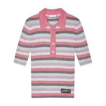 GANNI ストライプスパークルリブポロTシャツ (K2480 999) 138900309 [P]