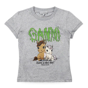 GANNI Damen Basic Jersey Pferd Baumwolle Babyfit Kurzarm (Grau) A1050053 920 154385747 [P]