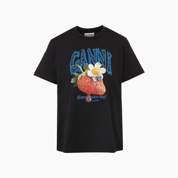 GANNI ストロベリー グラフィック ファントム ブラック 半袖 Tシャツ 159120353 [P]