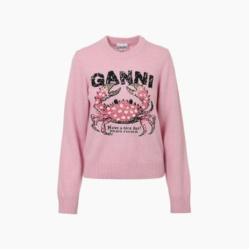 GANNI Pink Crab Graphic Wool Knit Sweater 159120464 [P]