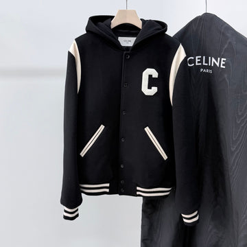 Celine Cashmere Wool Teddy Varsity Hooded Jacket Black 159125714 [P]