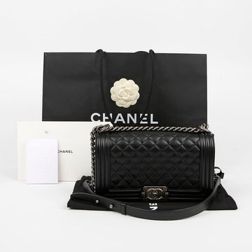 CHANEL Boy Bag Medium Caviar Flap Schultertasche Schwarz Silber 158998613 [P]