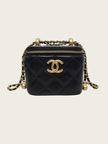 CHANEL Schwarze Leder Gold Kosmetikbox Kette Vanity Klein 159172120 [P]