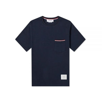 Thom Browne Round Neck Pocket T-Shirt with Three Stripes Navy 158461853 [P]