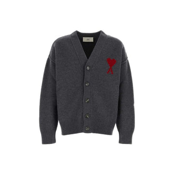 AMI Heart Logo Wool Cardigan Dark Gray Red UKC367 018 084 158346211 [P]