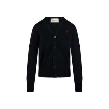 AMI Small Heart Logo V-Neck Cardigan Black FKC374 001 009 158346208 [P]