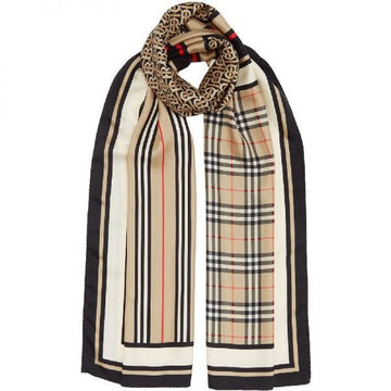 Burberry Monogram Icon Stripe and Check Print Silk Scarf (8011951) 75831597 [P]