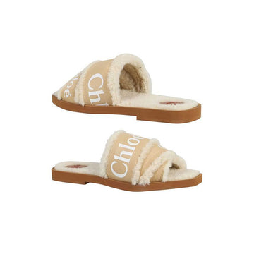 CHLOE Woody Logo Strap Shearling Sandalen Tan CHC21W543U5 275 150479026 [P]