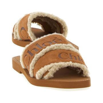 Chloe Woody Logo Strap Shearling Sandals Brown CH25W188TX 270 150475558 [P]