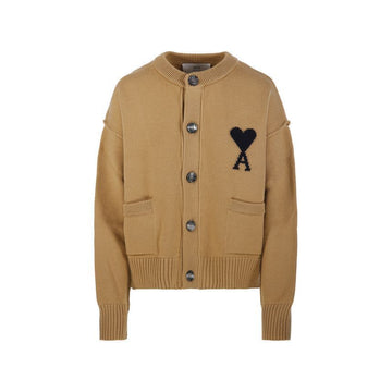 AMI Heart Logo Wool Cardigan Camel UKC368 018 288 150392862 [P]