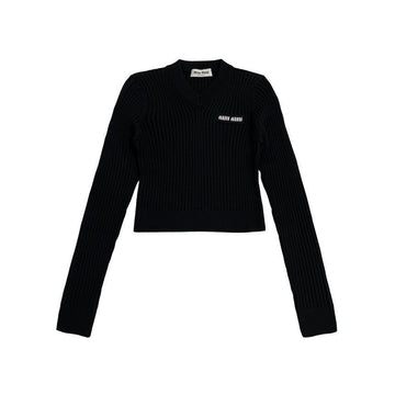 Miu Miu Logo V-Neck Ribbed Crop Knit Black MML832 12Y8 F0002 150067873 [P]